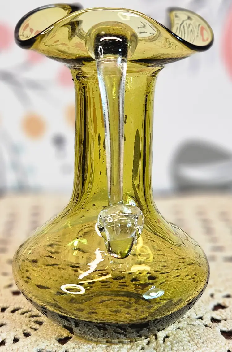 Hand Blown Yellow Art Glass Ruffled Top Mini Pitcher w/ Clear Handle 4.5"