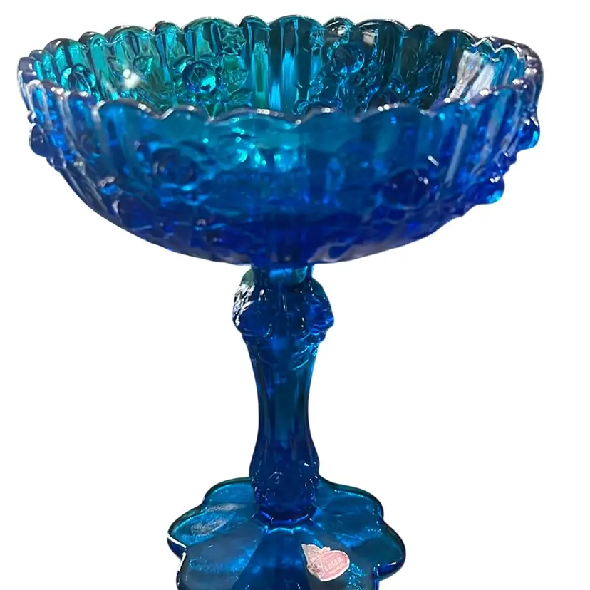Vintage Fenton Colonial Blue glass compote with embossed floral motifs (cabbage Rose). 1950-60s Original Sticker 7.5” Tall