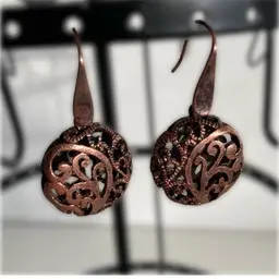 Artisan Antiqued Copper Filigree Dangle Earrings