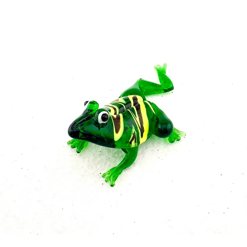 Small Glass Frog Figurine With Yellow Stripes 3” Long x 1.75” Wide