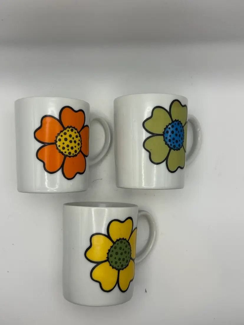 3 Mugs Made In Japan ~ Hand Painted Bright Flowers 3.5”