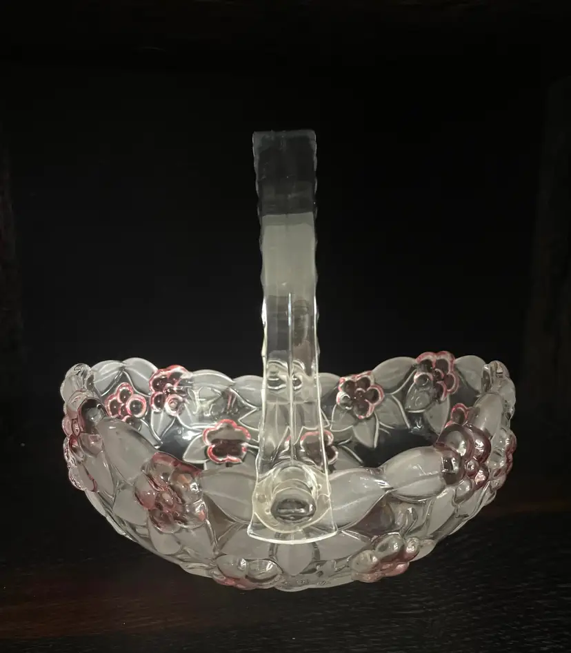 Raised Floral Glass Basket. Studio Silversmiths Germany. Pink And Clear Flowers