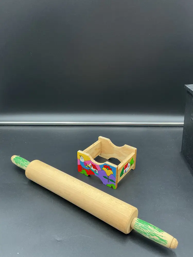 Vintage La Palma style hand painted holder from El Salvador and green handled rolling pin