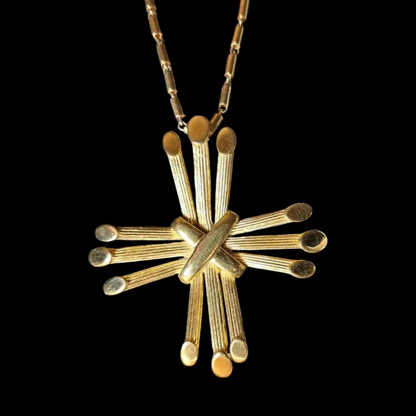 Vintage Crown Trifari Maltese Cross Gold Tone Pendant 30"  Chain Necklace