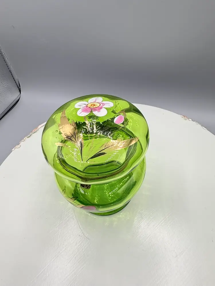 Antique Victorian Enameled Green Glass Hinged Dresser Box with Floral Design 4 5/8” X  2 1/2”