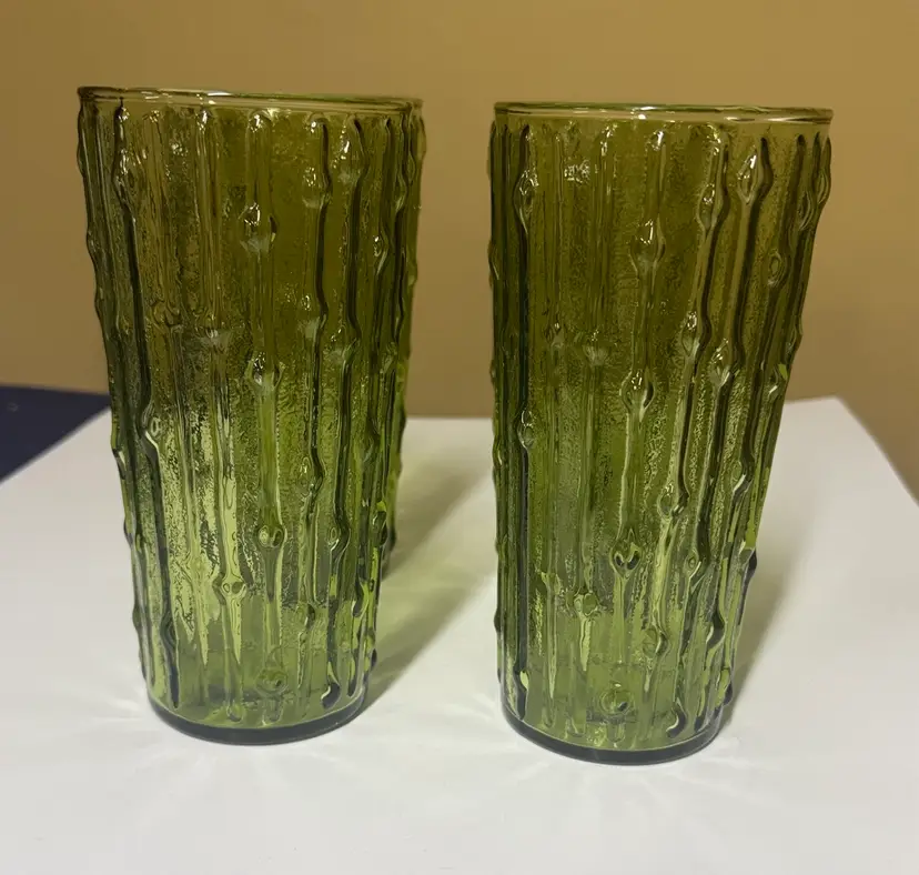 Anchor Hocking Tahiti Bamboo Glasses 6.75”tall Olive Green, Vintage, set of 4
