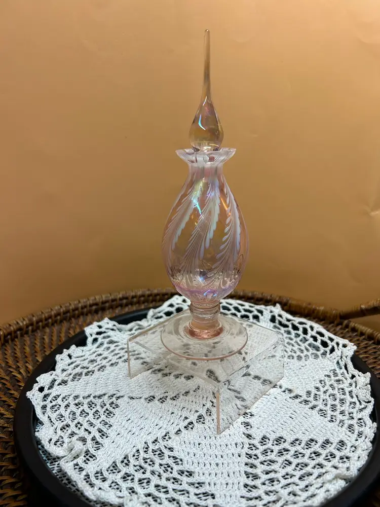 Handmade Pulled Feather Opalescent Pink Perfume Bottle By Silverstein