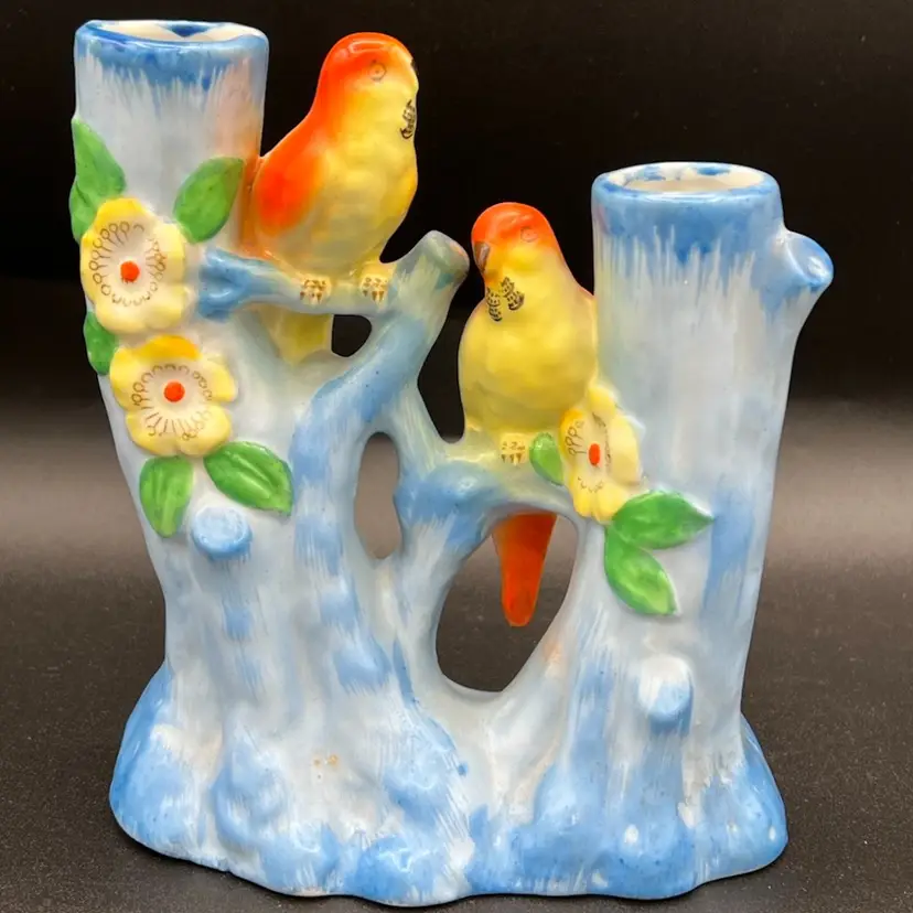 New! Vintage Ceramic Double Flower Vase/ Candle Holder  Birds / Parakeets Japan MCM