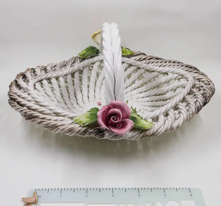 Capodimonte Ceramic Woven Basket with Applied Roses