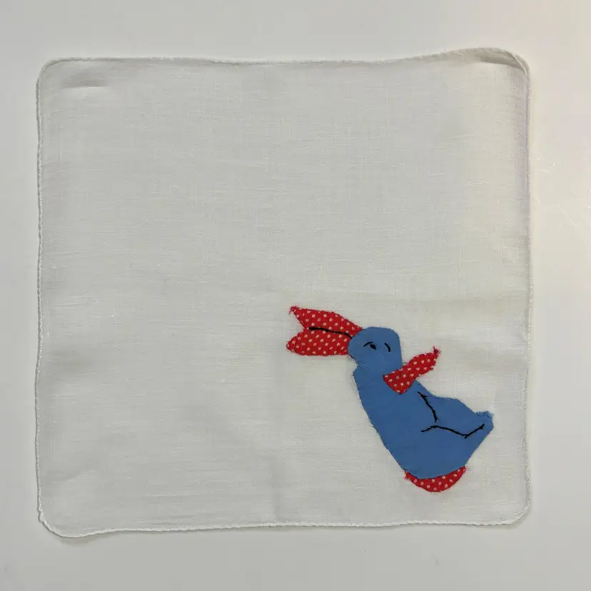 1940s Appliqué Blue Bunny Handkerchief Embroidered Vintage Cottage Core Cotton