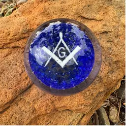 Masonic Cobalt Blue Controlled Bubbles Paperweight with Masonic Symbol Suspended