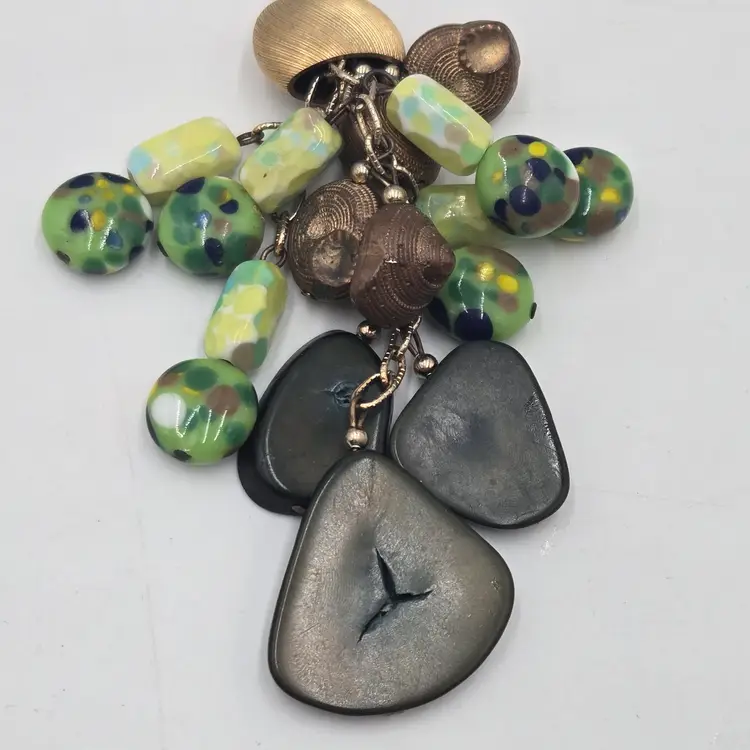 Vtg Hobe Tribal Statement Necklace Green Art Glass Seed Pod Beads Ethnic Boho