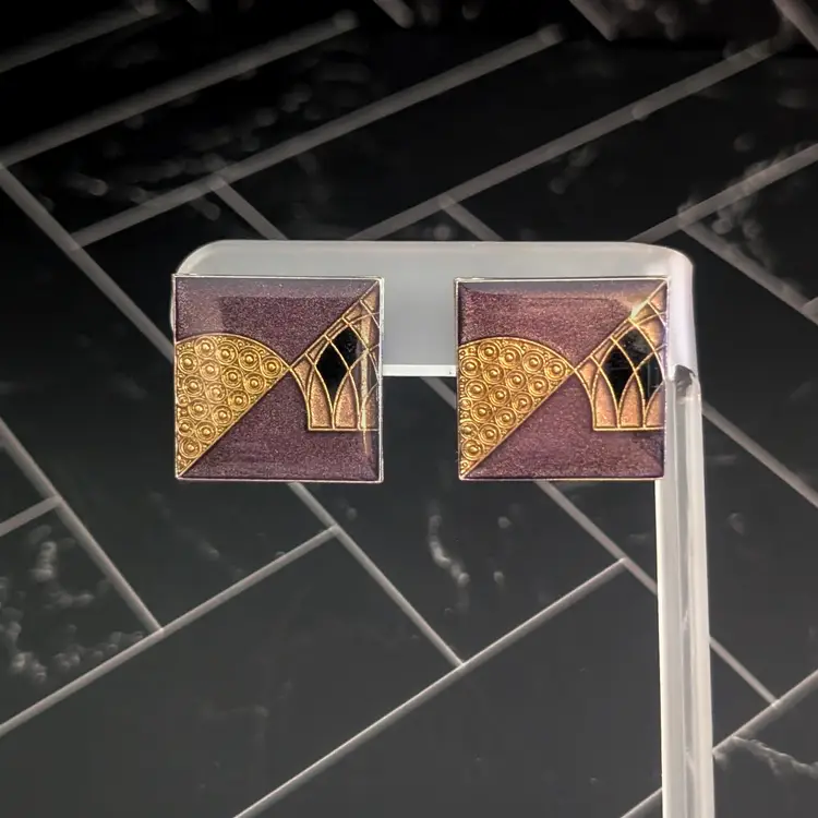 Vintage Stud Earrings Stunning Brown & Brass Tone Square Art Deco Style