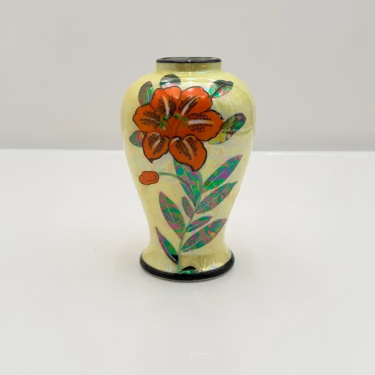 Yellow Lusterware Japan Orange Floral Hand Painted Vase