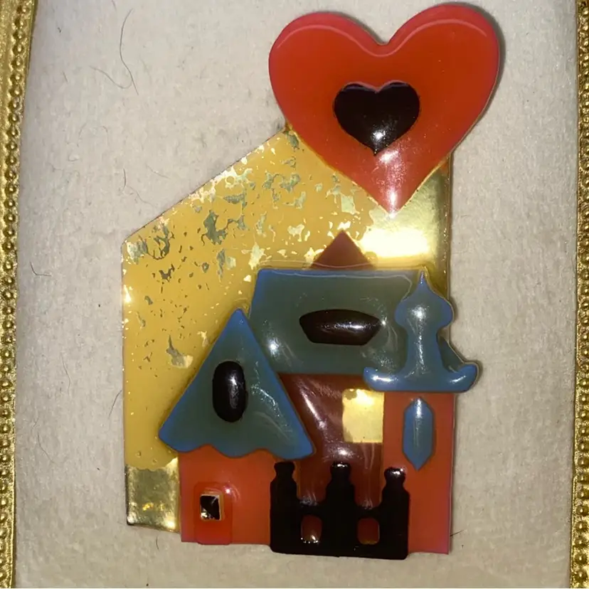 House Pins By Lucinda - Gold Mottled Background With A Double Heart ~ A Orange And Teal / Blue House With A Picket Fence