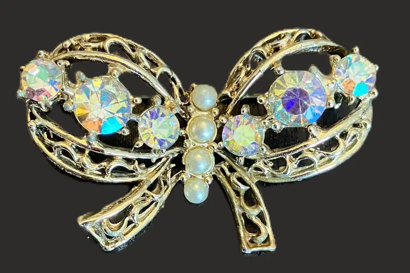 Vintage Butterfly or Moth Brooch with Rhinestones and Faux Pearls