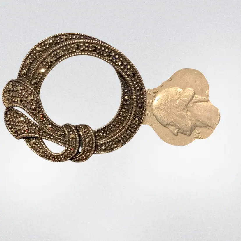 Sterling Silver Marcasite Circle Brooch Ribbon And Knot Design