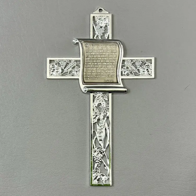 The Lord's Prayer Silver Tone Cross 9" Wall Hanging Crucifix Christian Religious