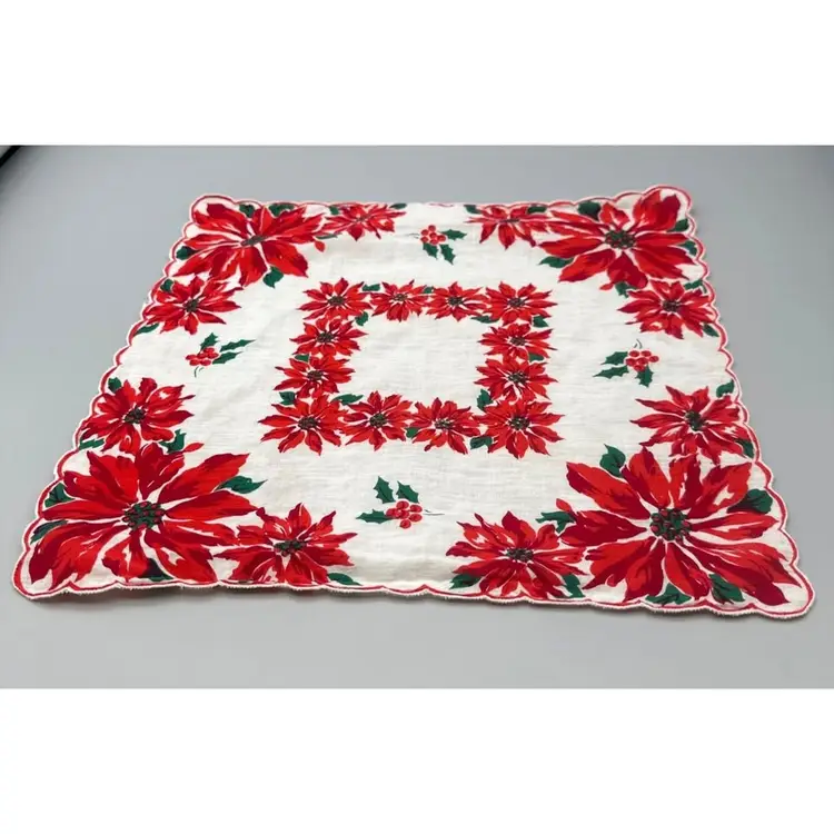 Vintage Christmas Poinsettia Handkerchief Red & Green Scalloped Edge Square