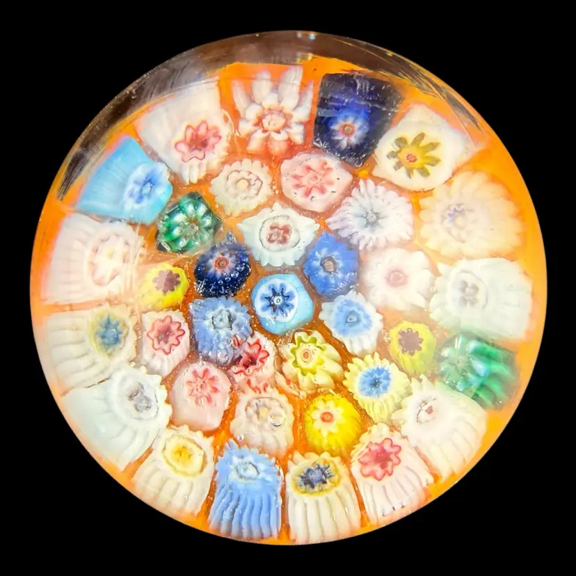 Strathearn Mini Close Pack Millefiori Glass Paperweight 1.75” Orange Bed