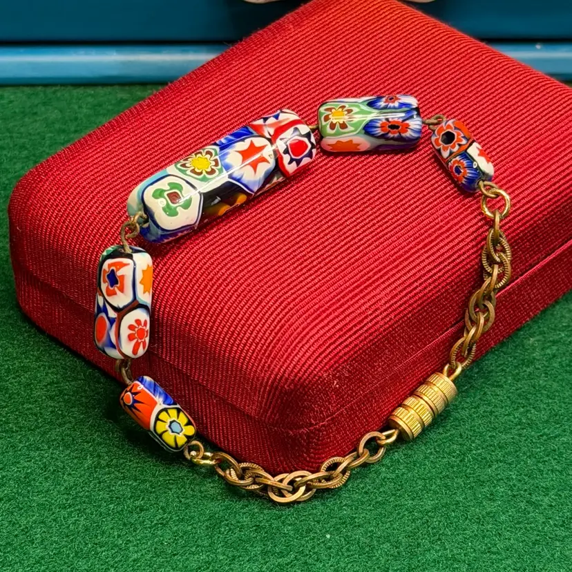 Art Glass Bead Bracelet Millefiori Cane Gold Tone Barrel Clasp 7-1/2”