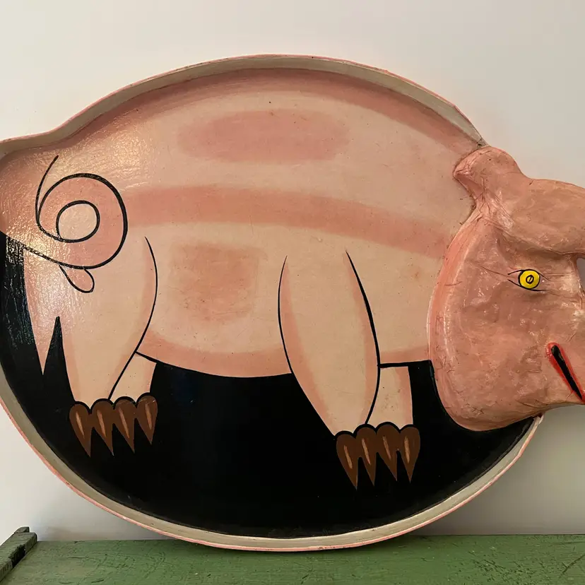 Huge Pig Platter. 3D Paper Mache Pink Piggy Vintage Serving Tray. Made in Mexico. 22" x 15.5" x 1 1/8"