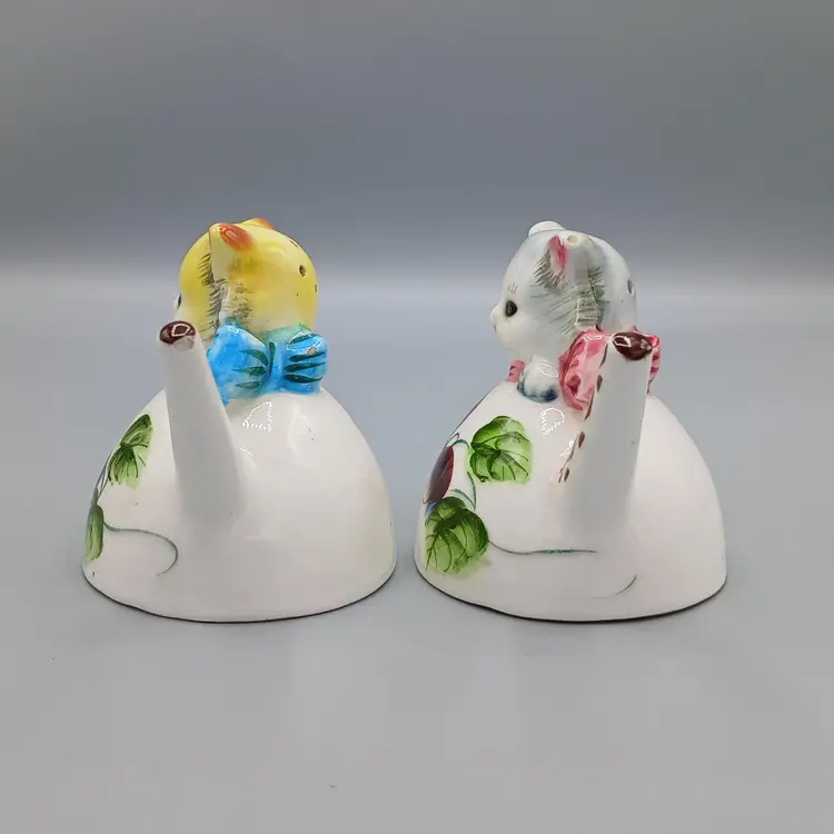 L #02 - Vintage PY Miyao Kittens In Petunia Painted Teapots, Salt & Pepper Shakers