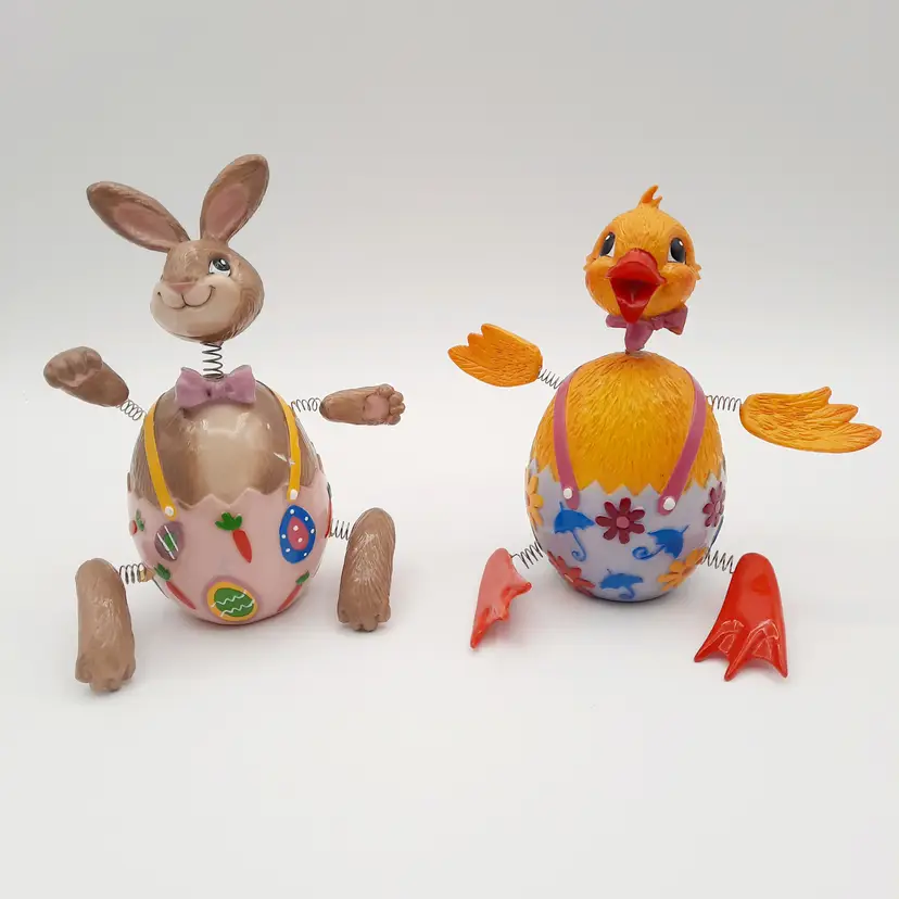 Fitz and Floyd Easter Jiggling Bobbleheads Bunny Rabbit & Chick in Suspenders