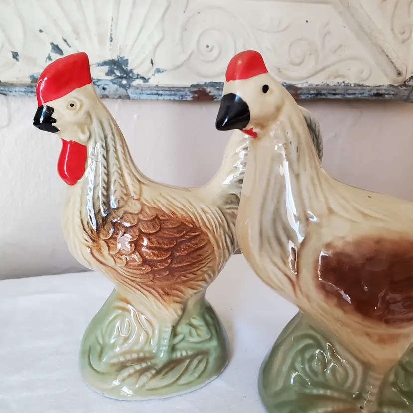 Set of 2 Ceramic Rooster Hen Lusterware Figurines Brazil #4158