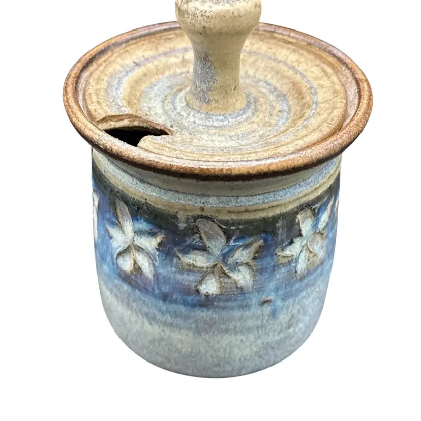 Studio Art Pottery Honey Jar/ Mustard Pot. Hand Thrown Impressed Flowers, Blue Tan  4” tall Signed. Comes With A Wooden Honey Wand.
