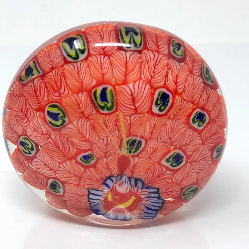 #01 Chinese Peacock Paperweight Flat Back Red Feathers