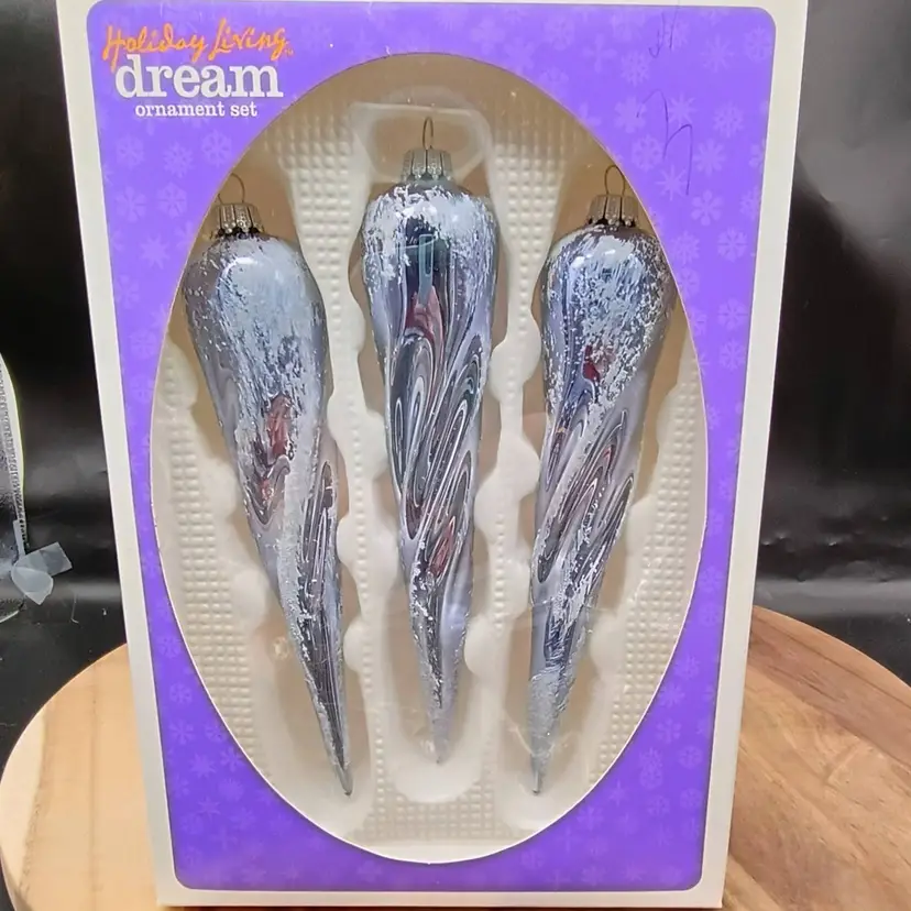 #01 Holiday Living Hand Blown Glass Ornaments 3PC Set in box Blue Icicles .