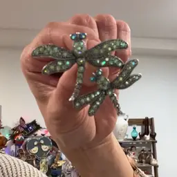 Silver Tone Metal Pair Of Dragonflies With Mint Green AB Stones 2.25”