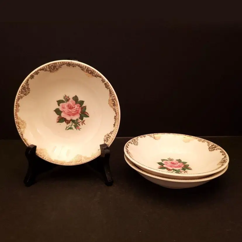 American Rose Dessert Fruit Small Bowls Paden City Pottery Pink Roses Gold Vintage Lot of 3 Flowers Florals