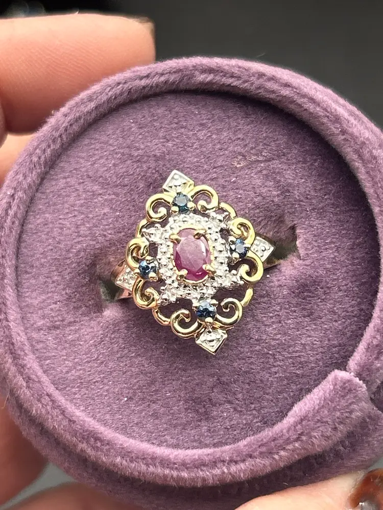 10K Gold Ruby, Sapphire & Diamond Art Deco-Style Ring – Size 7