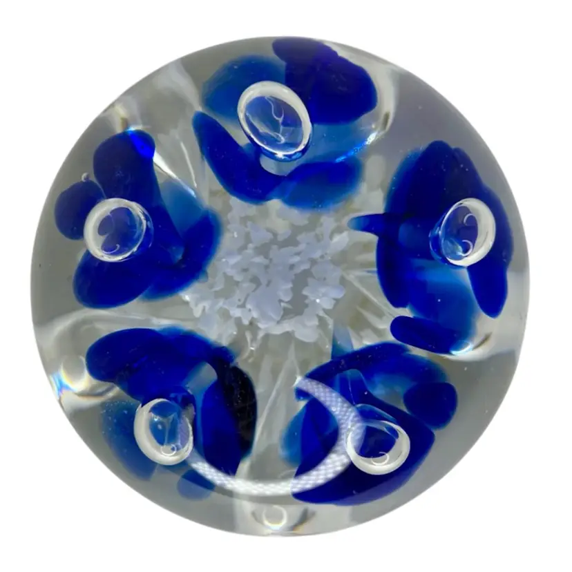 Vintage Joe St. Clair Glass Paperweight Blue & White Trumpet Flowers Bubbles
