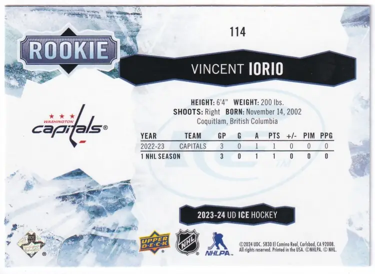 2023-24 Upper Deck Ice #114 Vincent Iorio RC Washington Capitals Hockey Card