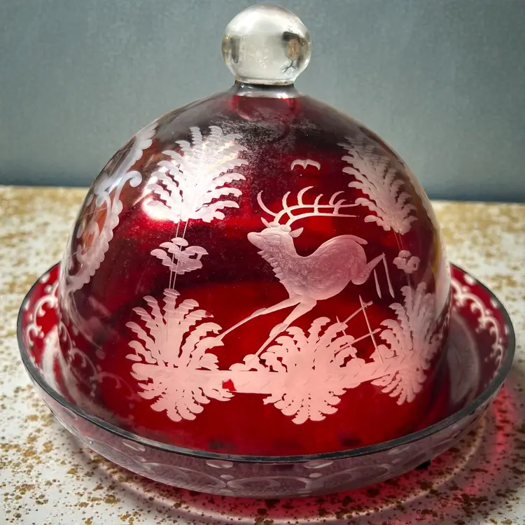 035 Ruby Red Czechoslovakian Bohemian Practic Clear Butter/Cheese Covered Dish 5.75" X 6.75"