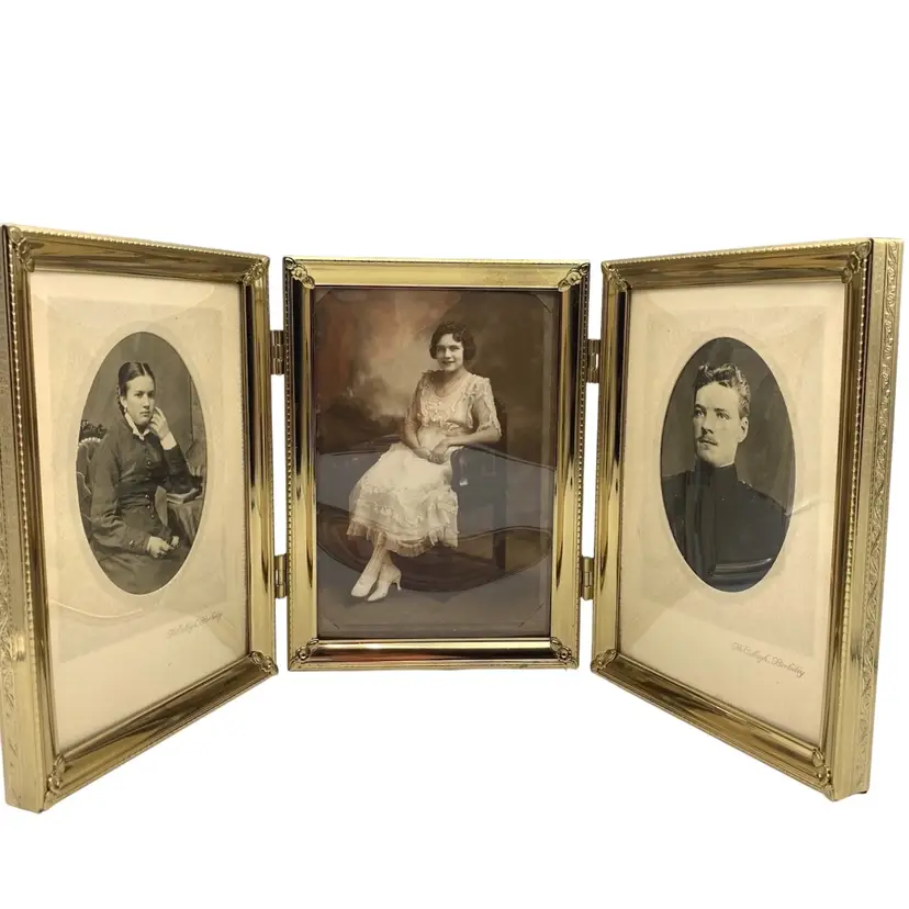 Vintage Trifold Triple Frame with Three Early 1900's Photos 7" x 16"
