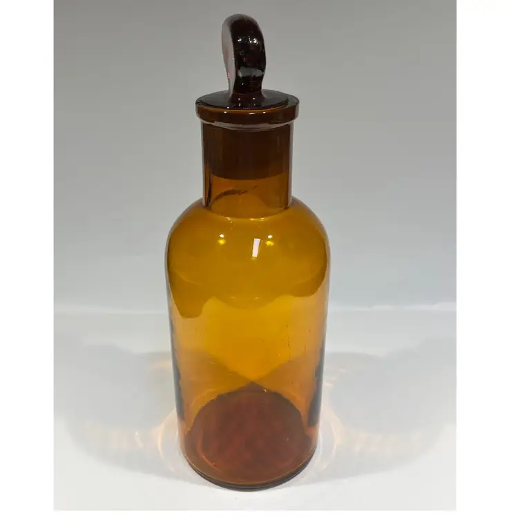 Hand Blown- Vintage- Amber Glass Apothecary Bottle- with Original Stopper 9"