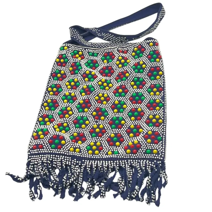 70s Candy Dot Bead Fringe Purse Handbag
12” x 10”