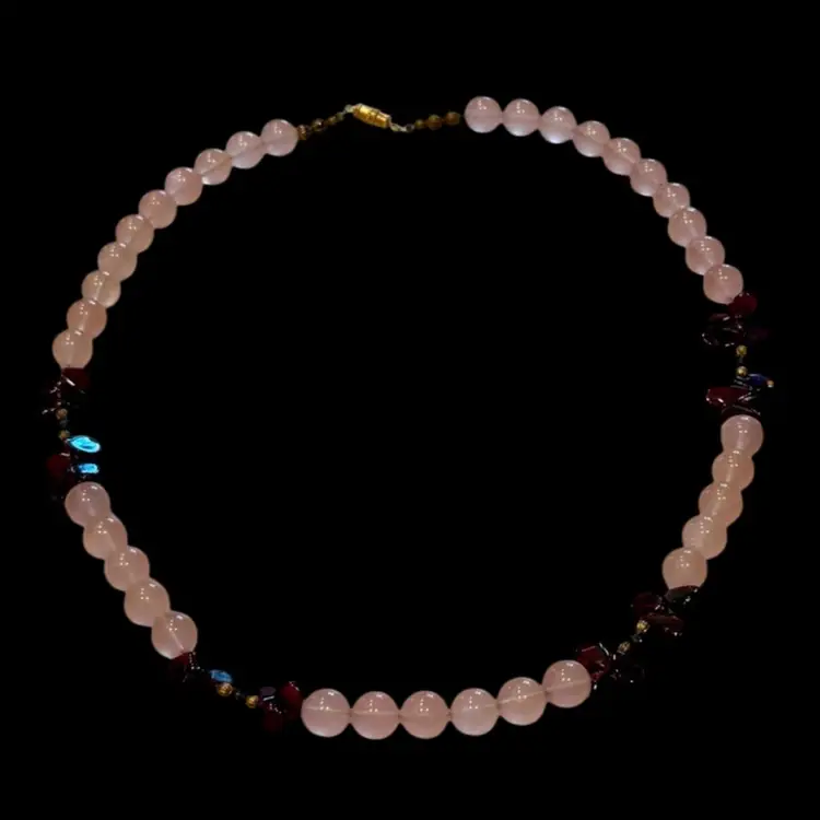 Vintage Polished Rose Quartz & Garnet Gemstone Necklace Barrel Clasp 21”