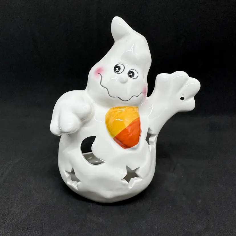 Vintage Cochet Candle Company Ceramic Ghost Halloween Candle Holder Candy Corn Stars Moon
