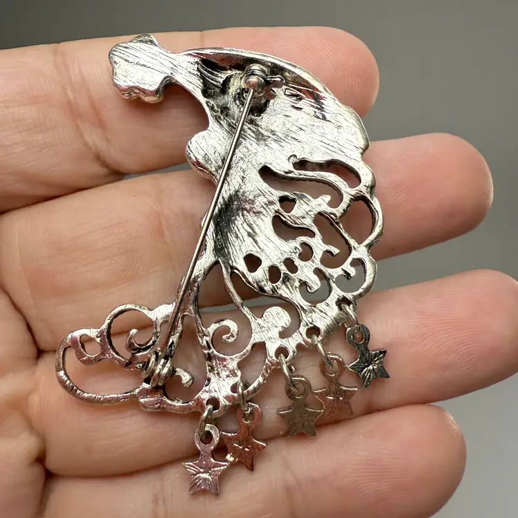 Vintage Enamel & Marcasite Santa Moon Pin Brooch Dangle Stars Silver Tone