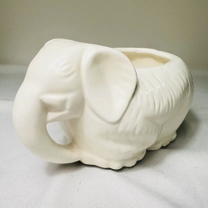 Vintage white Ceramic Elephant Planter Good Luck Mid-Century Vase
