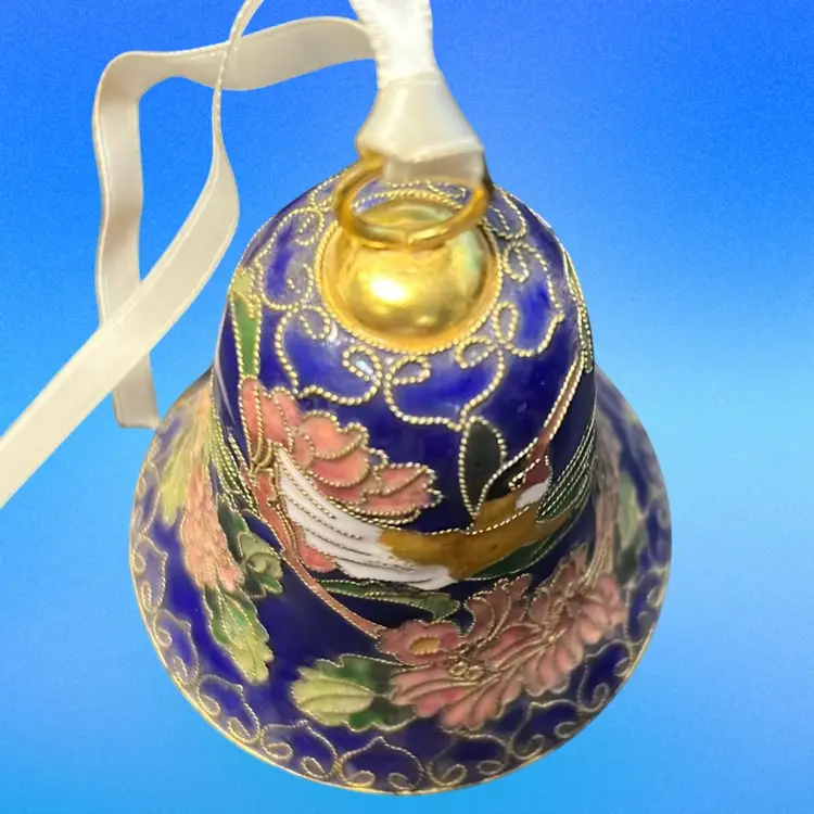 Vintage Chinese cloisonné bell with hummingbird and floral design. 3” Tall. Cottage Core Decor Bird On It, Royal Blue, Pinks, Green Colors