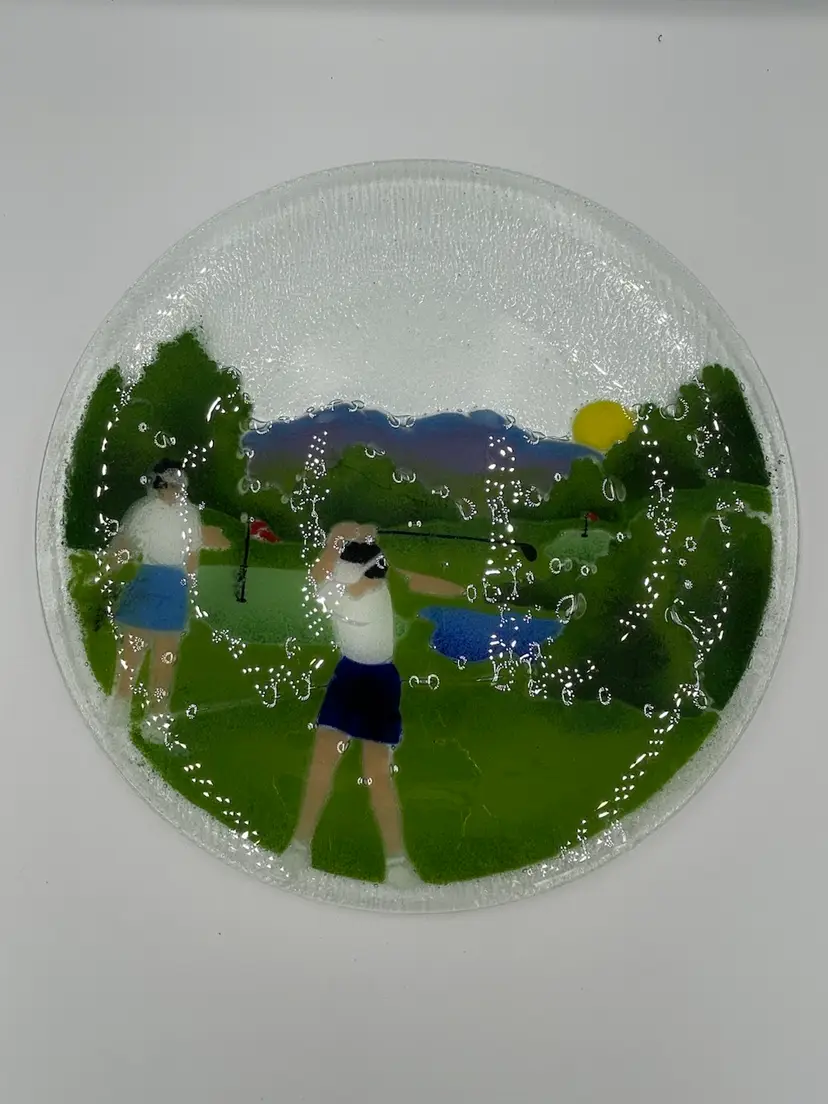 Peggy Karr Unsigned Fused Art Glass Ladies Golfing Platter 14”