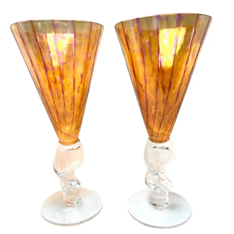7-1/2” Smyers Glass Studio Handblown Orange 🧡& Purple 💜 Swirl Wine Glasses. Helix 🧬 Shaped Clear Stems. Signed On Bottom.