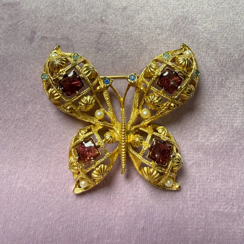 Vintage Signed AVON Enamel & Faux Pearls Butterfly Brooch Pin Big BOLD