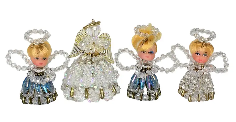 Vintage Beaded Safety Pin Angel Ornaments Set of Four